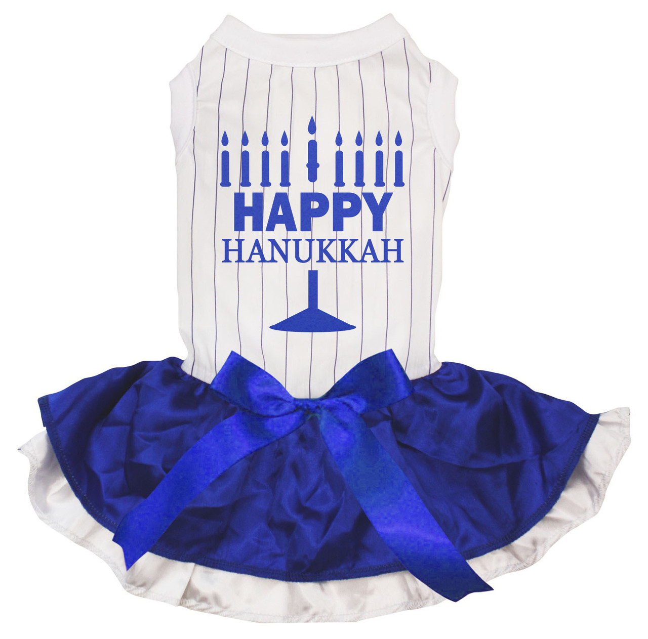 Petitebelle Happy Hanukkah Puppy Dog Dress (Stripes/Blue White, XX-Large)