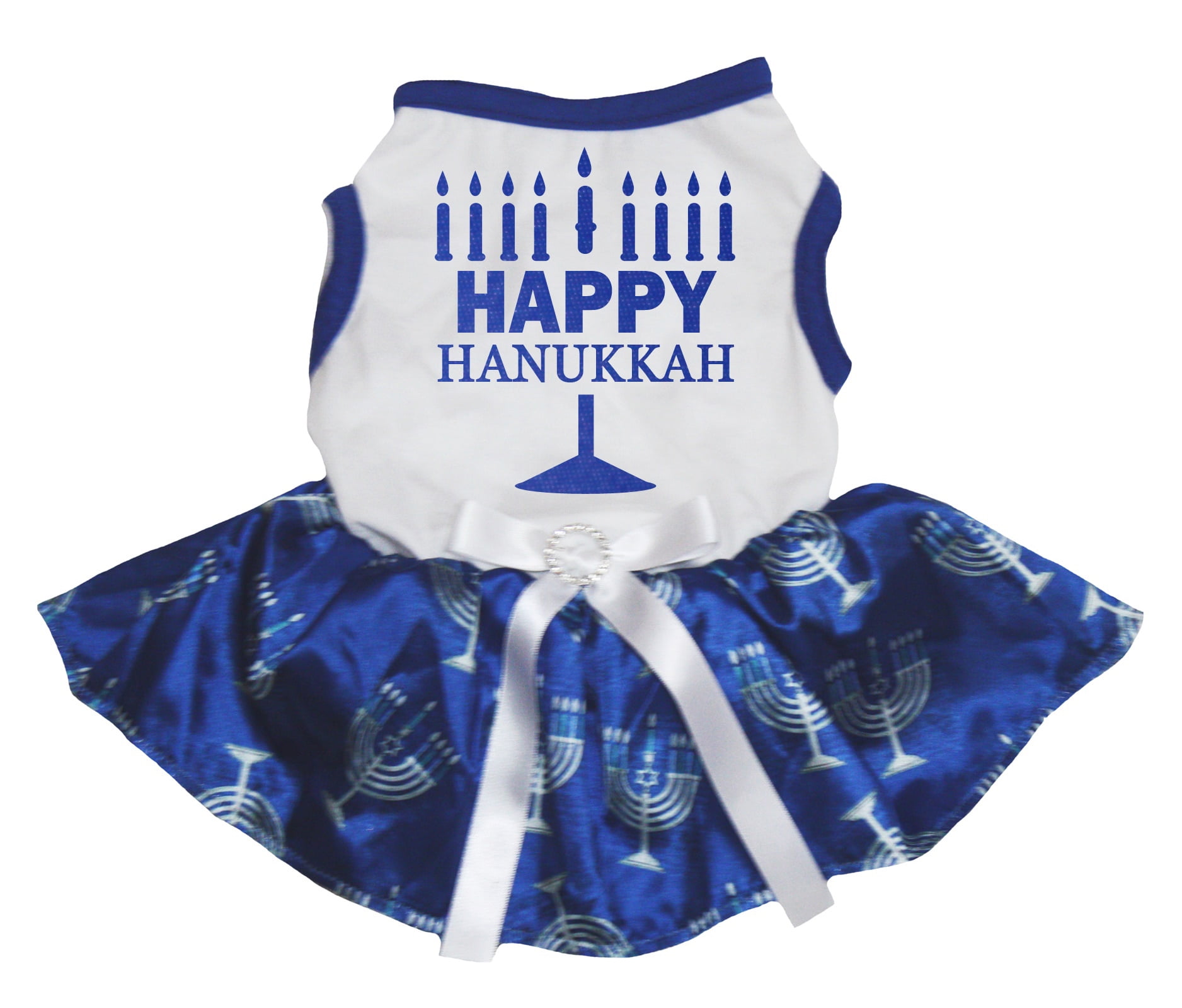 Petitebelle Happy Hanukkah Puppy Dog Dress (White/Blue Candlestick, Small)