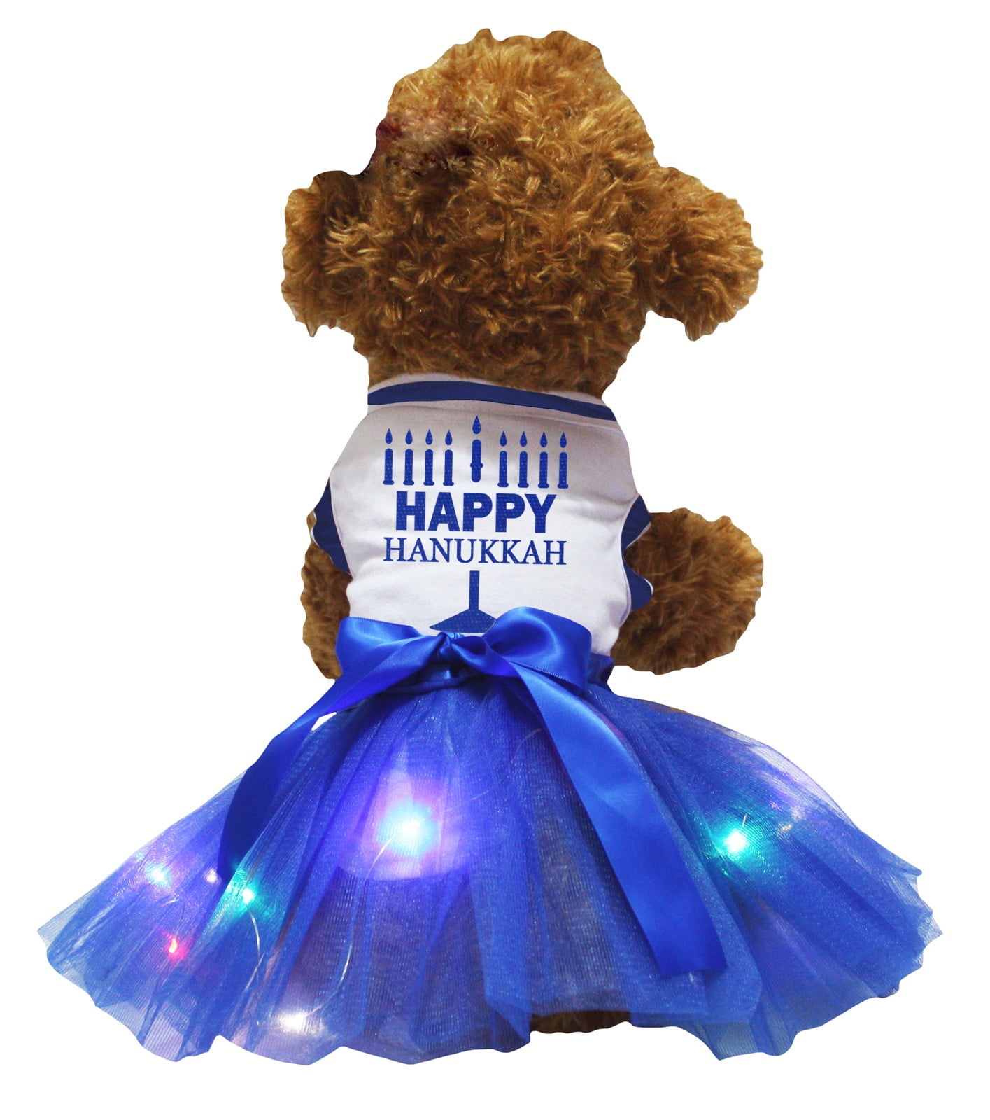 Petitebelle Happy Hanukkah Puppy Dog Dress (White/Blue LED, X-Small)