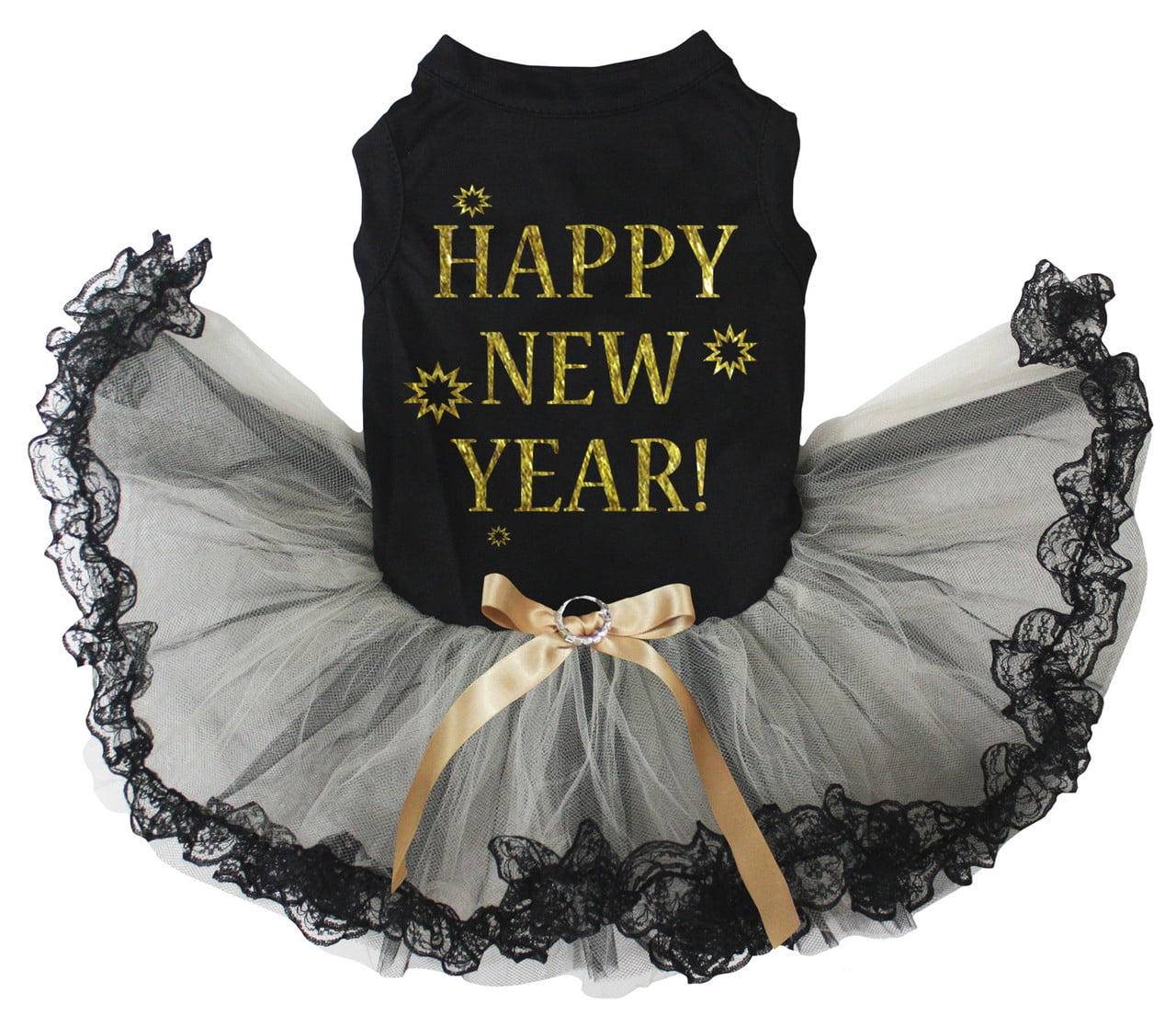 Petitebelle Happy New Year Puppy Dog Dress (Black/Gold Black Lace, XXX-Large)