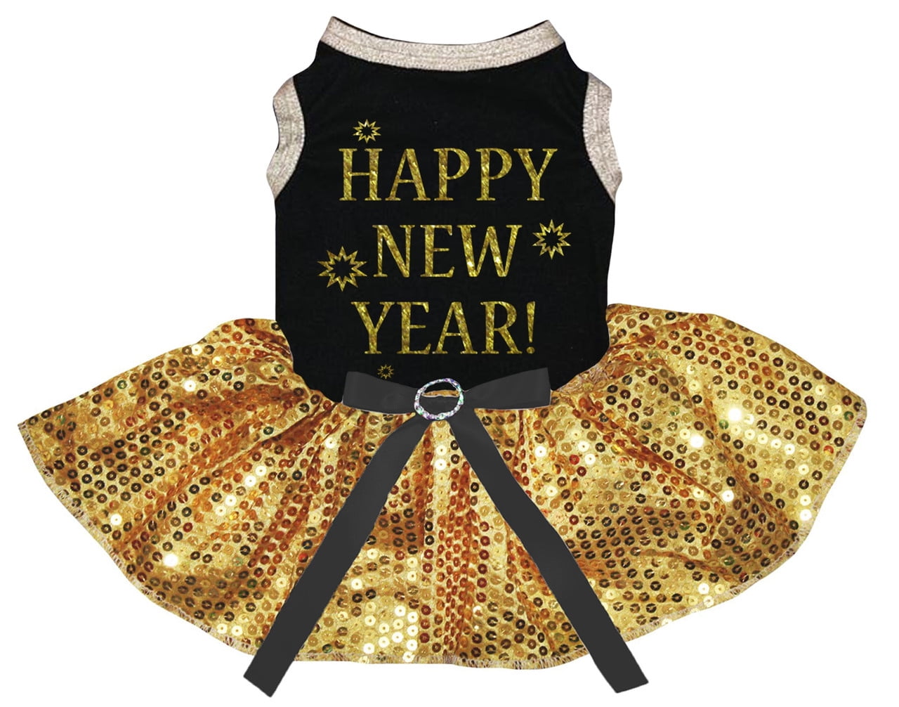 Petitebelle Happy New Year Puppy Dog Dress (Black/Yellow Sequins, XX-Large)