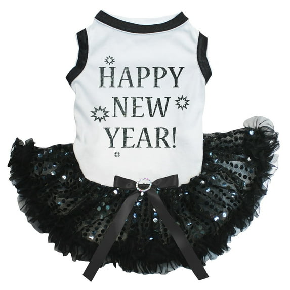 Petitebelle Happy New Year Puppy Dog Dress (White/Black Sequins, Medium)