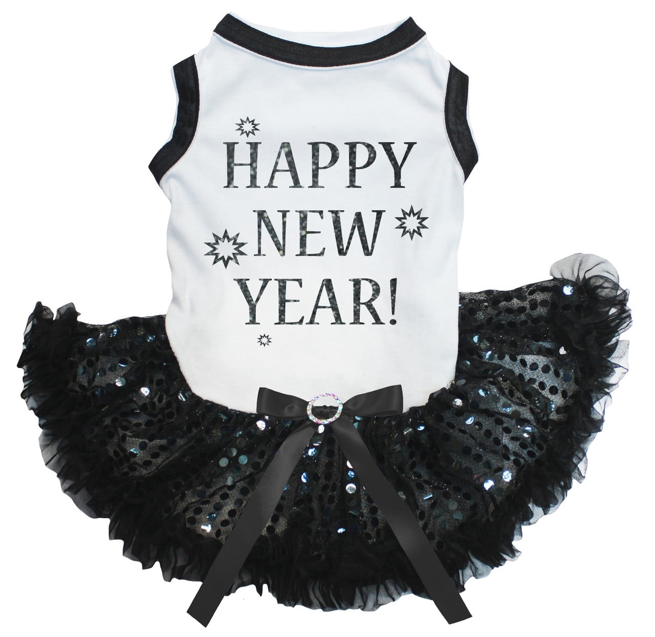 Petitebelle Happy New Year Puppy Dog Dress (White/Black Sequins, XXX-Large)