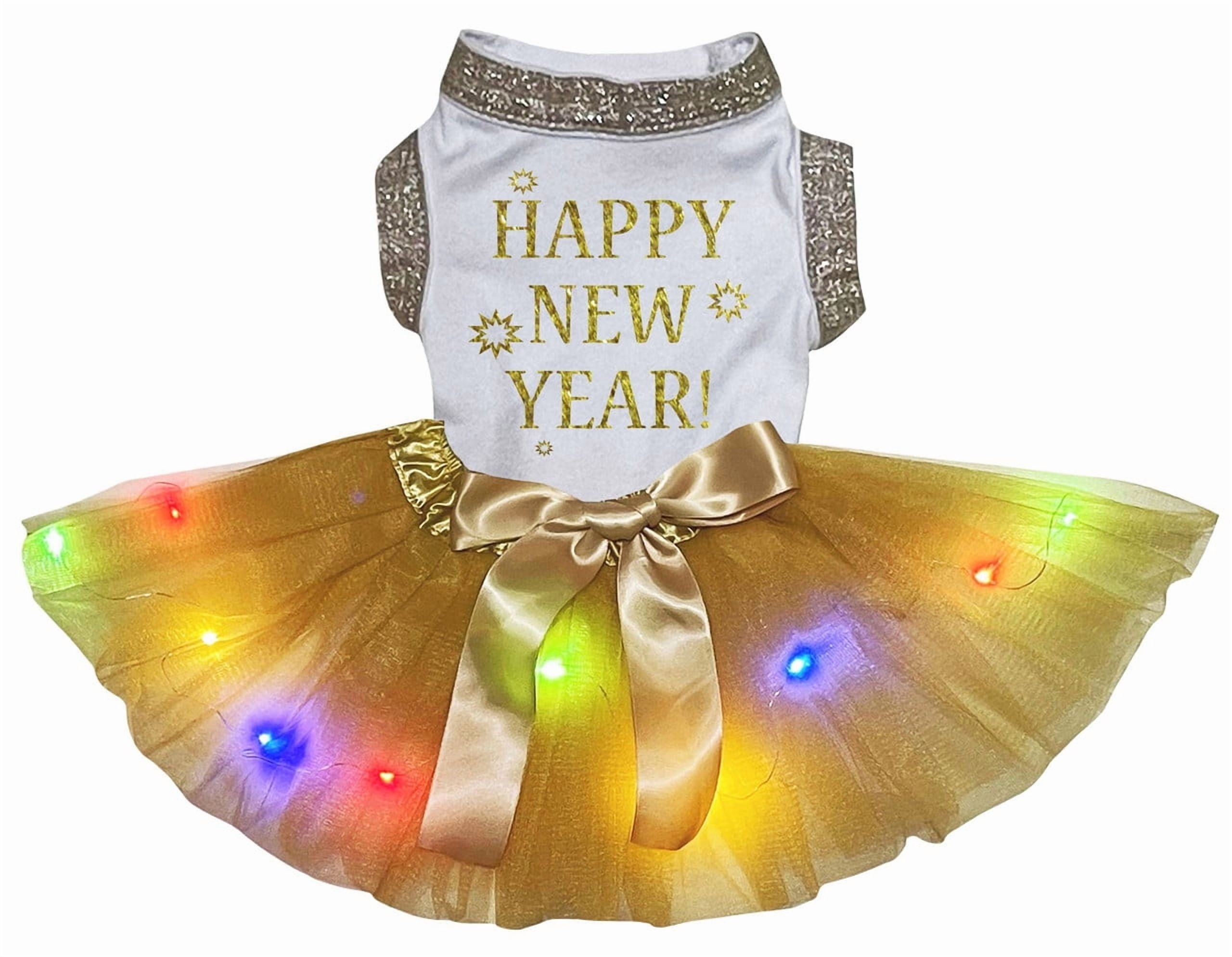 Petitebelle Happy New Year Puppy Dog Dress (White/Gold LED, Small)