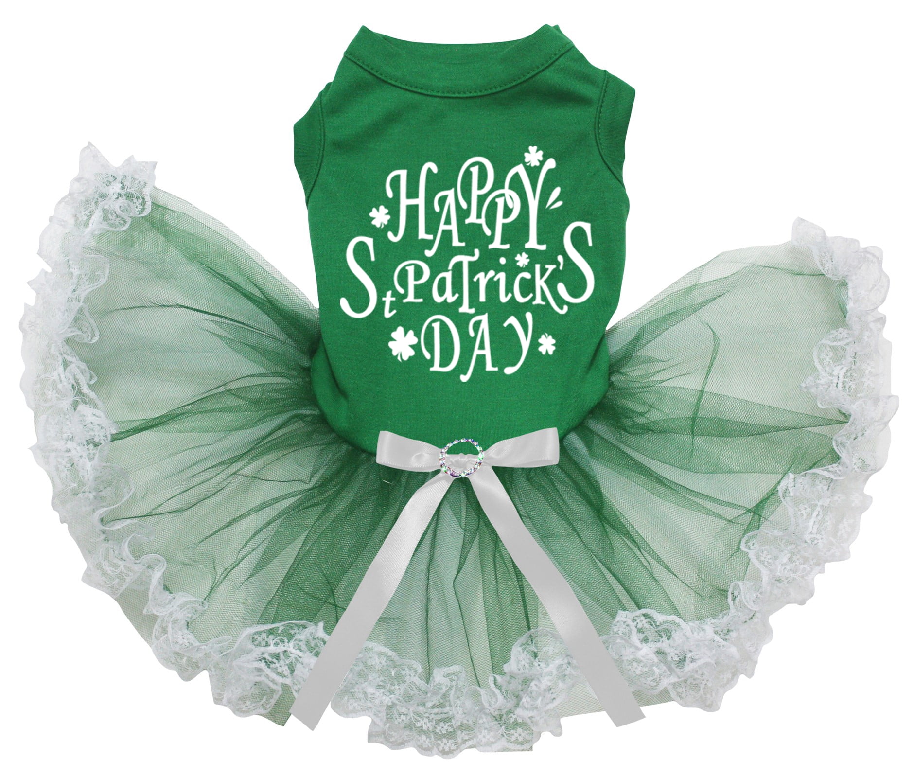Petitebelle Happy St Patrick's Day Puppy Dog Dress (Green/Green White Lace, X-Small)
