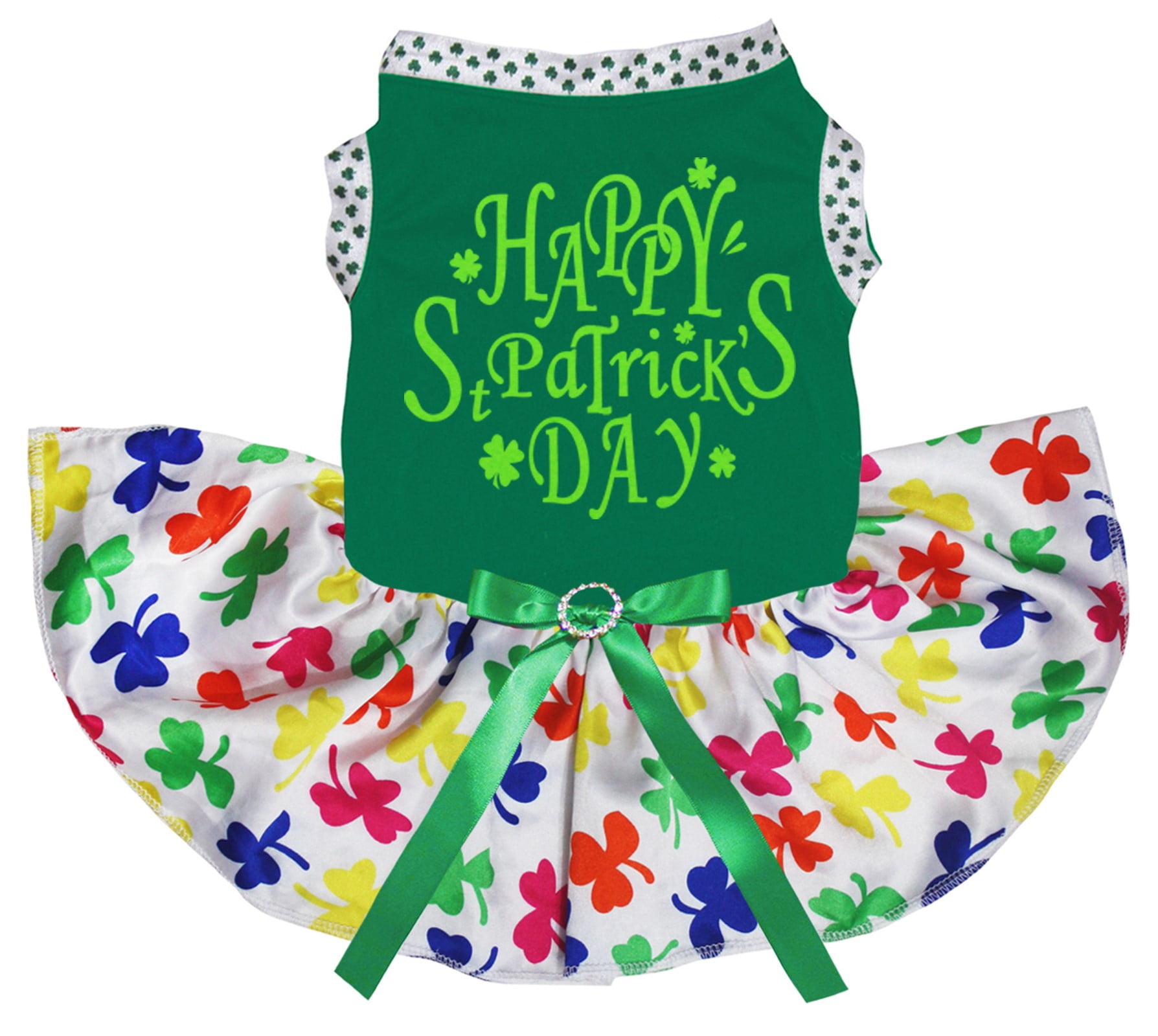 Petitebelle Happy St Patrick's Day Puppy Dog Dress (Green/Rainbow Clovers, XXX-Large)
