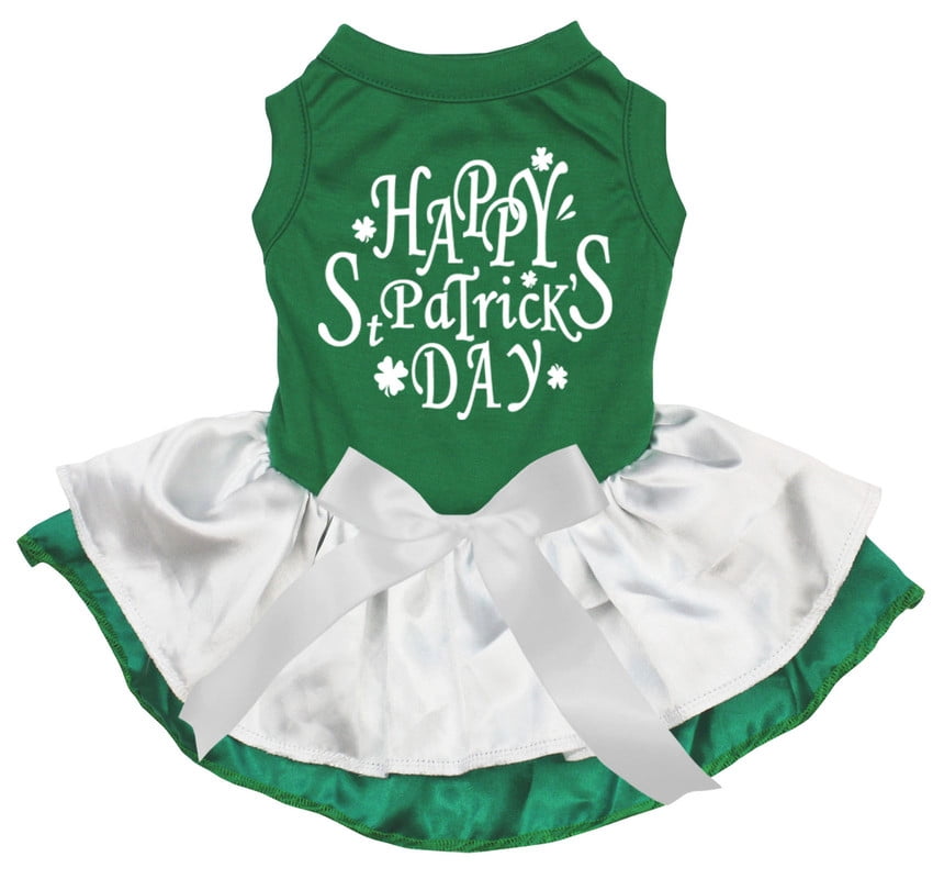 Petitebelle Happy St Patrick's Day Puppy Dog Dress (Green/White Green Satin, Large)