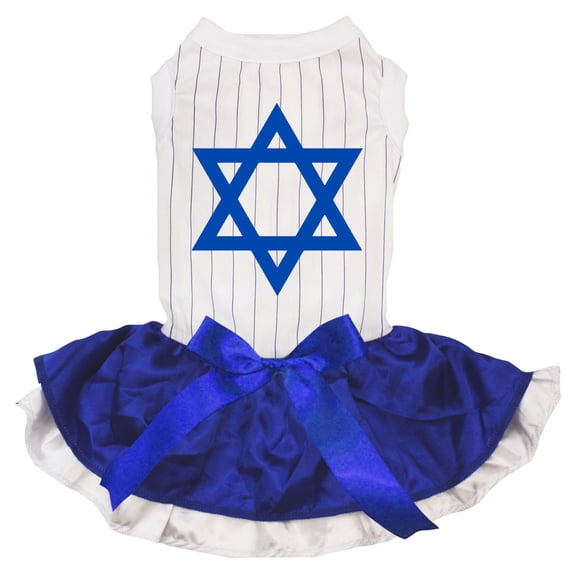 Petitebelle Hexagram Star Puppy Dog Dress (Stripes/Blue White, Small)
