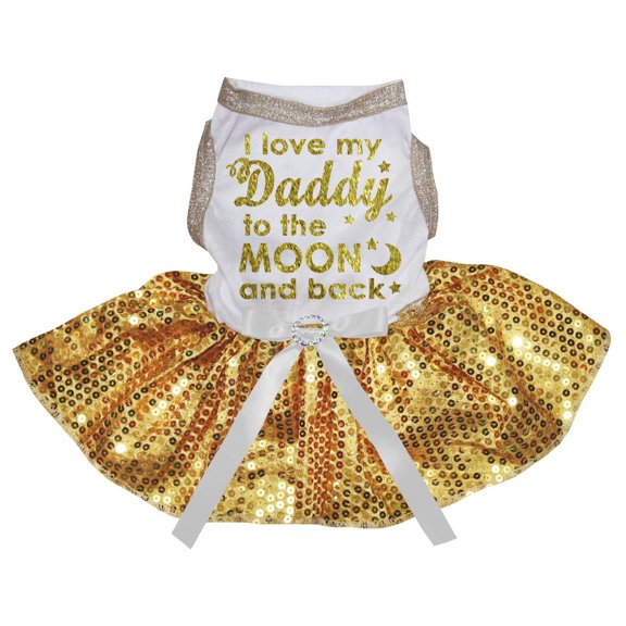 Petitebelle I Love My Daddy to The Moon and Back Puppy Dog Dress (White/Gold Sequins, Large)