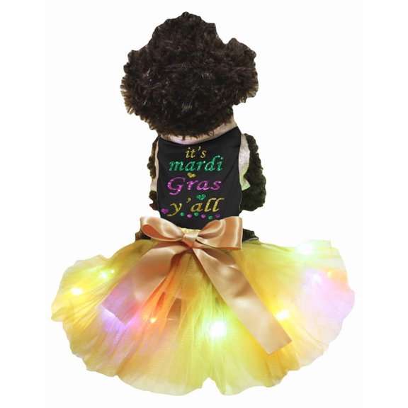 Petitebelle It's Mardi Gras Y'all Puppy Dog Dress (Black/Gold LED, X-Large)