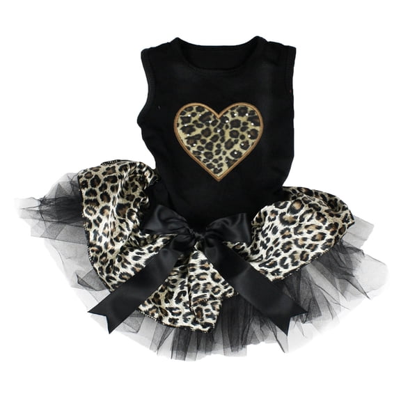 Petitebelle Leopard Heart Puppy Dog Dress (Black/Leopard, Small)