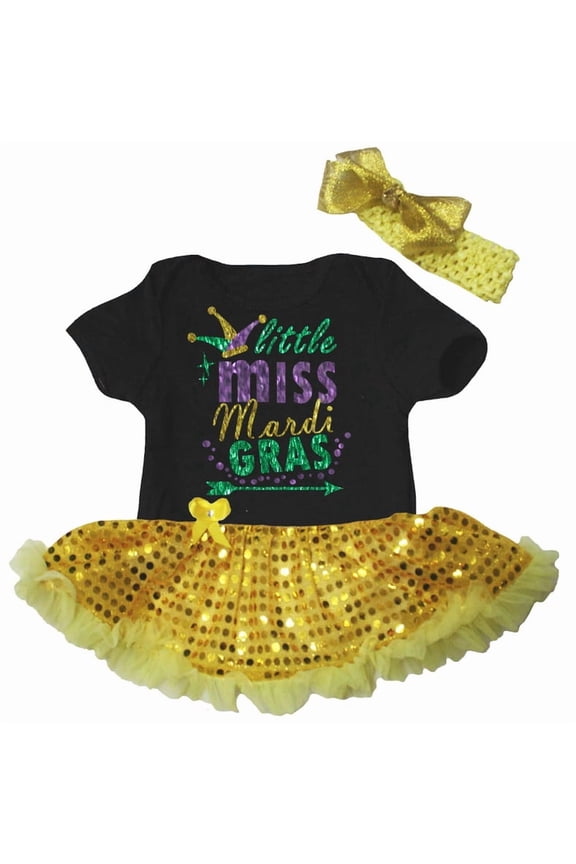 Petitebelle Little Miss Mardi Gras Baby Dress Nb-18m (Black/Yellow Sequins, 3-6 Months)