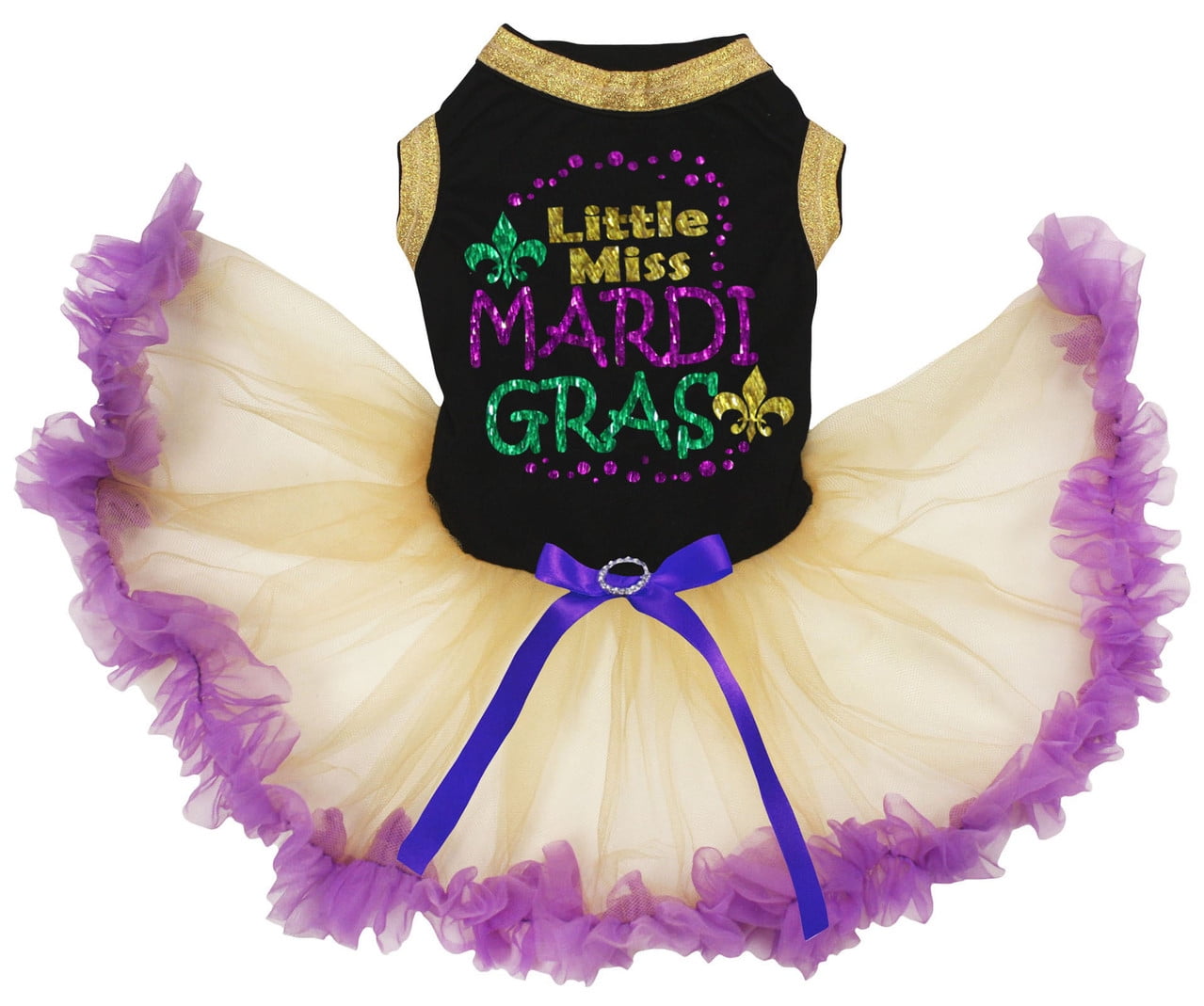 Petitebelle Little Miss Mardi Gras Puppy Dog Dress (Black/Gold Purple, X-Small)