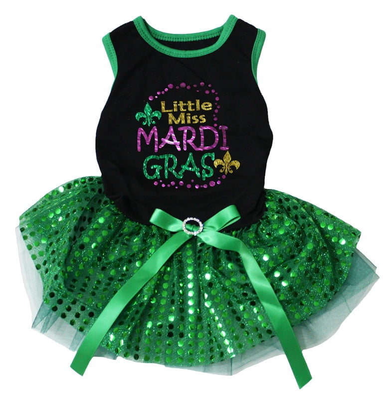 Petitebelle Little Miss Mardi Gras Puppy Dog Dress (Black/Green Sequins, Large)