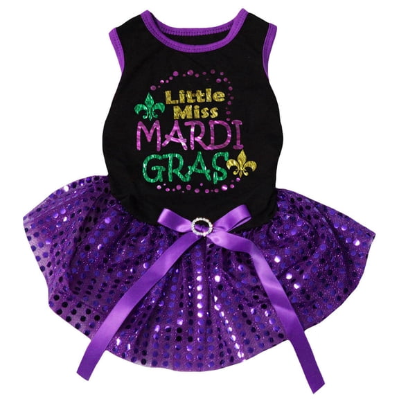 Petitebelle Little Miss Mardi Gras Puppy Dog Dress (Black/Purple Sequins, Small)