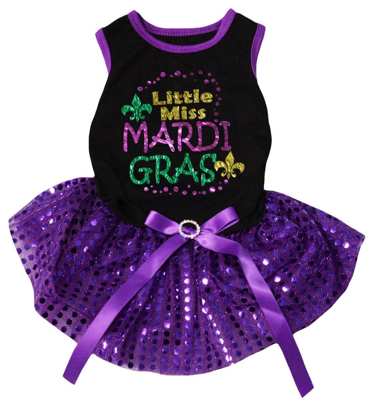 Petitebelle Little Miss Mardi Gras Puppy Dog Dress (Black/Purple Sequins, X-Large)