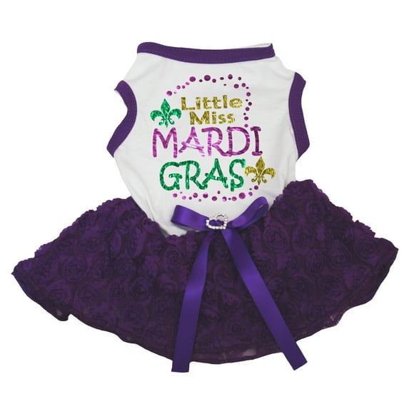 Petitebelle Little Miss Mardi Gras Puppy Dog Dress (White/Purple Floral, XX-Large)
