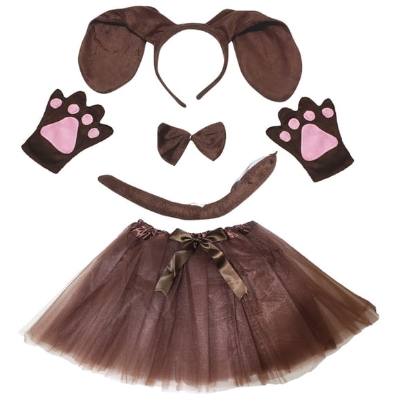 Petitebelle Long Ear Dog Headband Bowtie Tail Gloves Tutu 5pc Costume (Dark Brown, 1-5 Years)