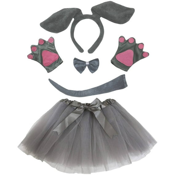 Petitebelle Long Ear Dog Headband Bowtie Tail Gloves Tutu 5pc Costume (Gray, 1-5 Years)