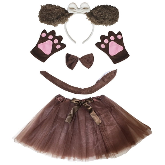Petitebelle Long Ear Dog Headband Bowtie Tail Gloves Tutu 5pc Costume (Poodle Brown, 1-5 Years)
