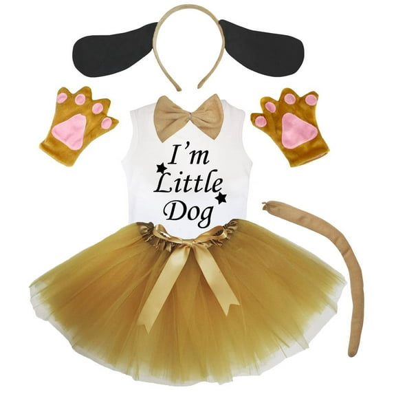 Petitebelle Long Ear Dog Headband Bowtie Tail Gloves Tutu Shirt 6pc Costume (Khaki-Gold, 1-2 Years)