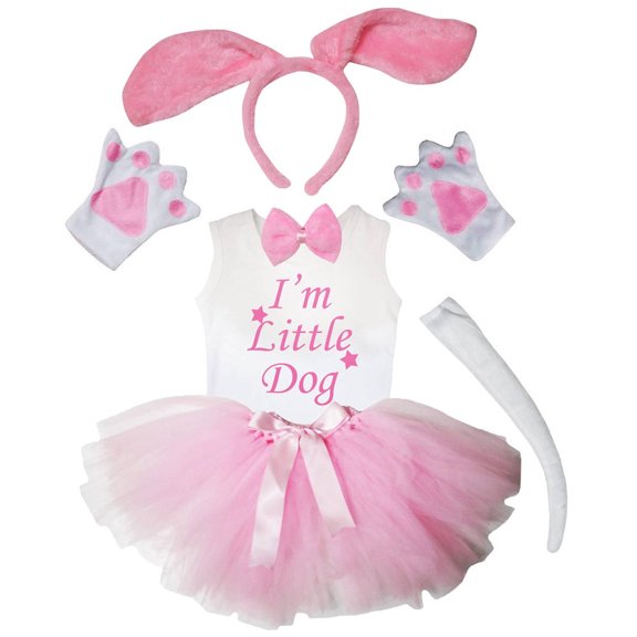 Petitebelle Long Ear Dog Headband Bowtie Tail Gloves Tutu Shirt 6pc Costume (Pink, 4-5 Years)