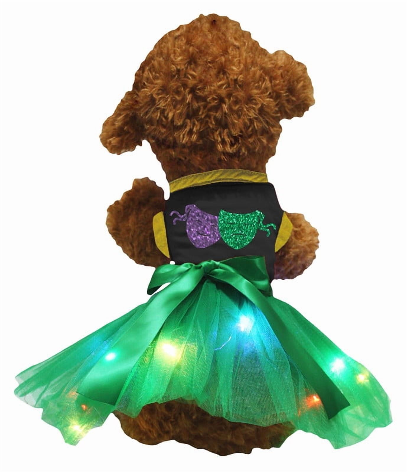 Petitebelle Mardi Gras Double Masks Puppy Dog Dress (Black/Green LED, Small)