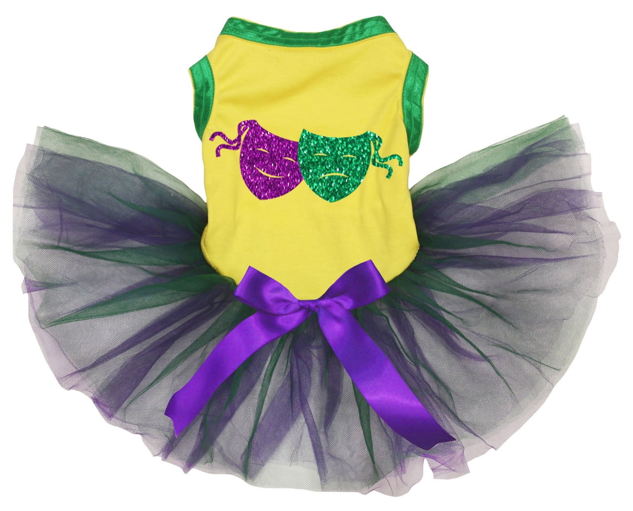 Petitebelle Mardi Gras Double Masks Puppy Dog Dress (Yellow/Green Purple, Small)
