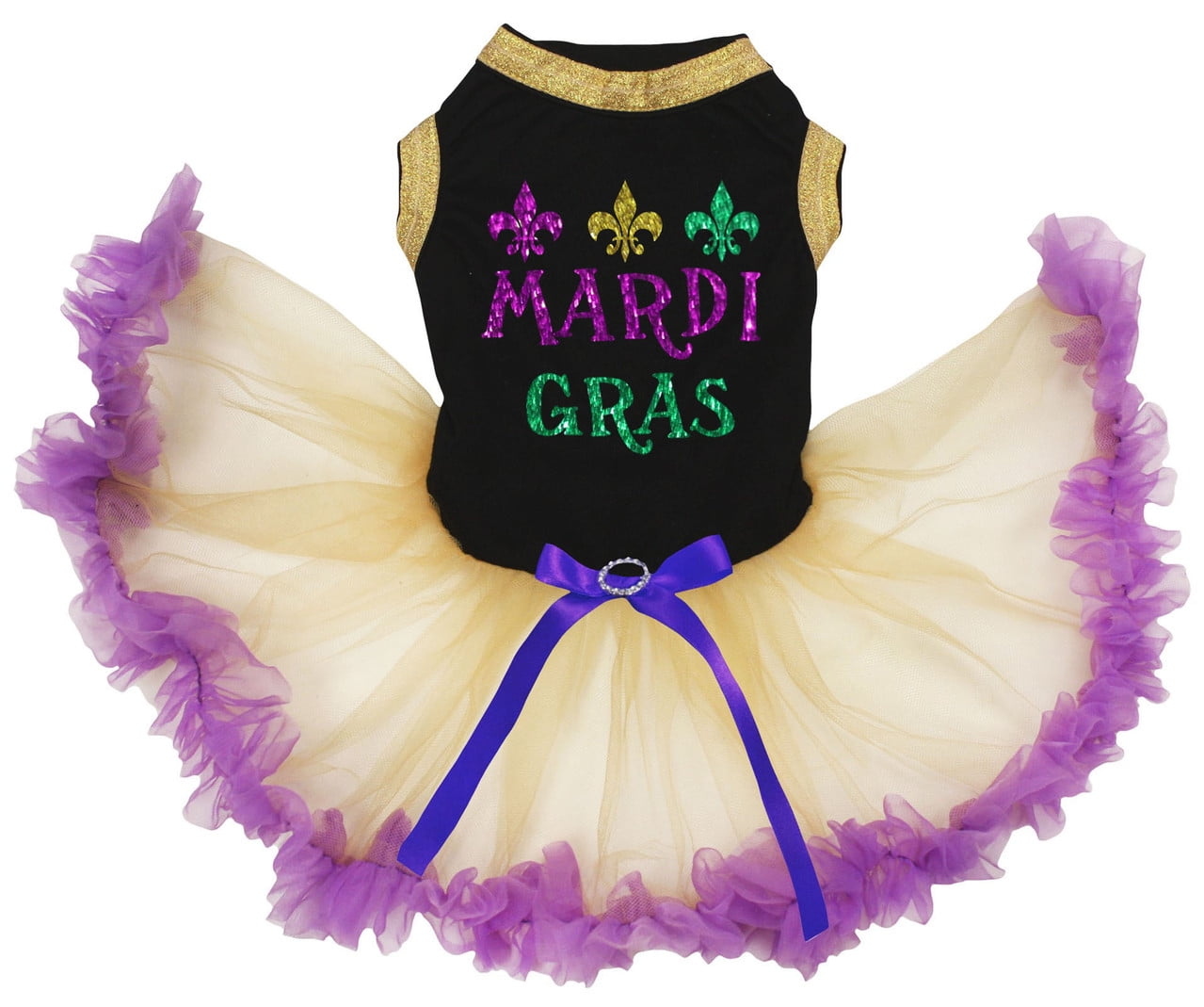 Petitebelle Mardi Gras Puppy Dog Dress (Black/Gold Purple, Small)
