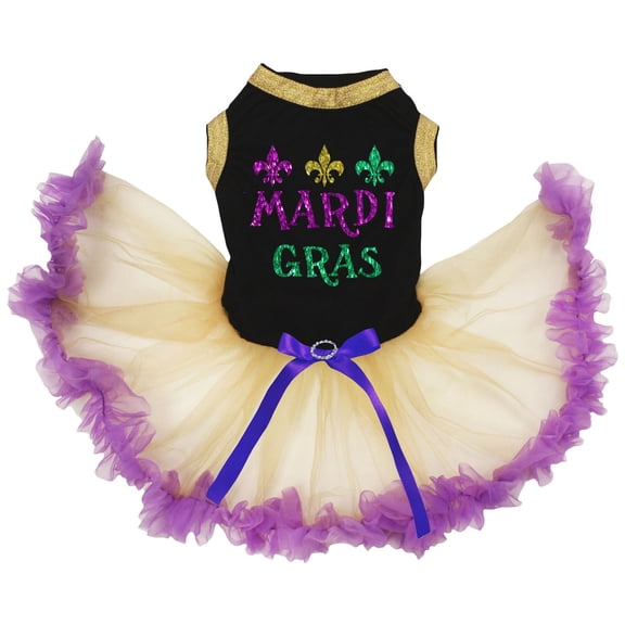 Petitebelle Mardi Gras Puppy Dog Dress (Black/Gold Purple, Small)
