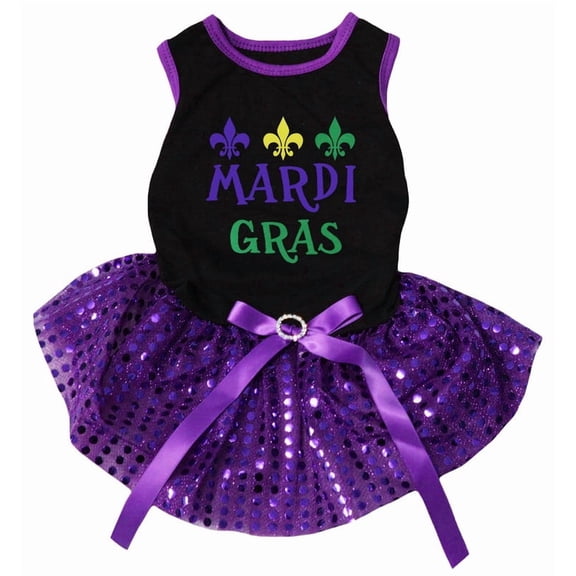 Petitebelle Mardi Gras Puppy Dog Dress (Black/Purple Sequins, Small)