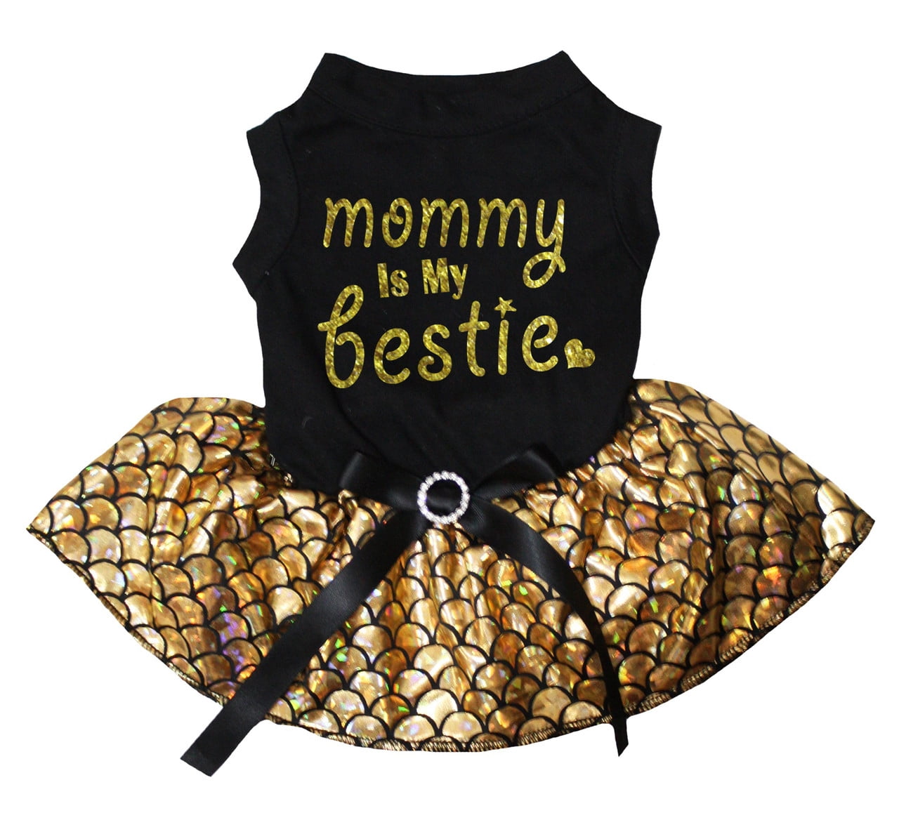 Petitebelle Mommy is My Bestie Puppy Dog Dress (Black/Gold Mermaid, Large)