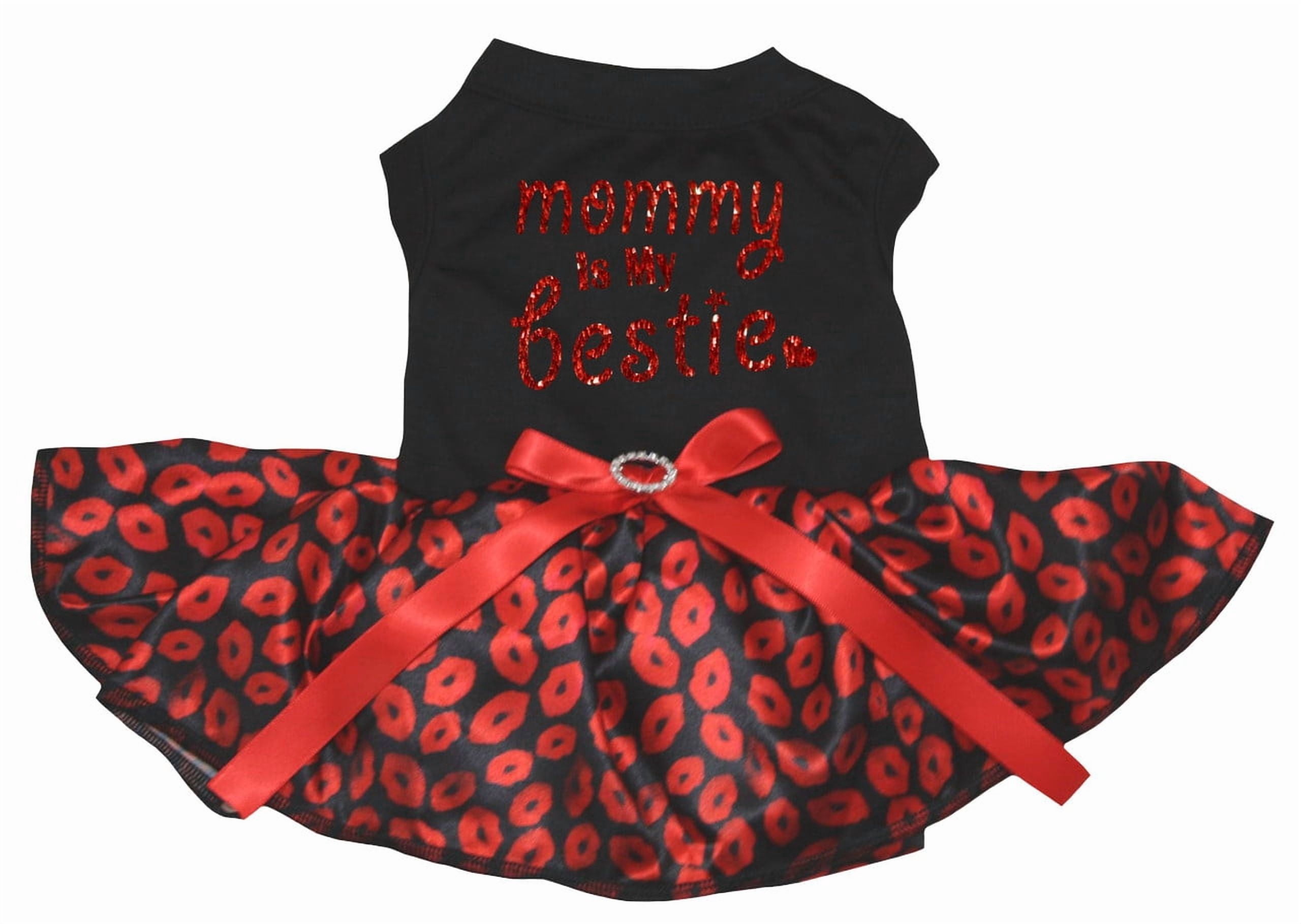 Petitebelle Mommy is My Bestie Puppy Dog Dress (Black/Red Lips, Large)