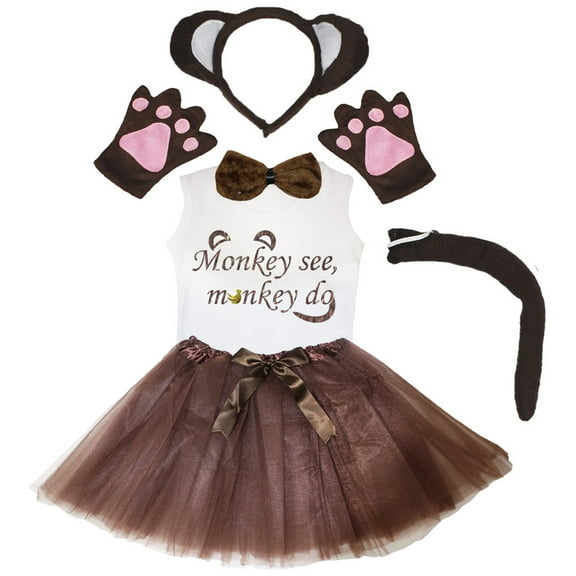 Petitebelle Monkey Headband Bowtie Tail Gloves Tutu Shirt 6pc Costume (Brown-1, 1-2 Years)