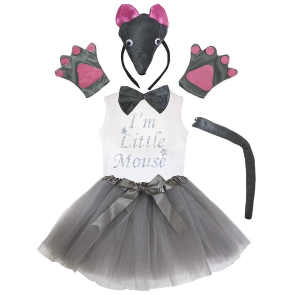 Petitebelle Mouse Headband Bowtie Tail Gloves Tutu Shirt 6pc Costume (Cutie Gray Mouse, 1-2 Years)