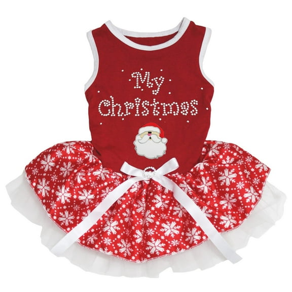 Petitebelle My Christmas Santa Claus Puppy Dog Dress (Red/Red Snowflakes, Small)