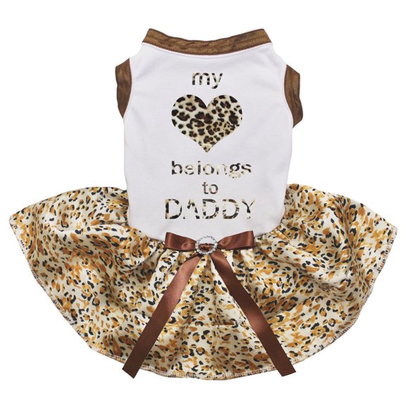 Petitebelle My Heart Belongs to Daddy Puppy Dog Dress (White/Gold Leopard, Small)