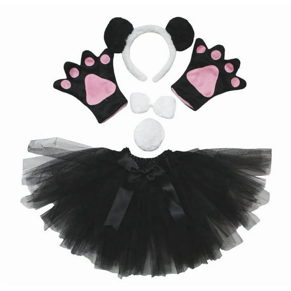Petitebelle Panda Headband Bowtie Tail Gloves Tutu 5pc Costume (Black White, 5-10 Years)