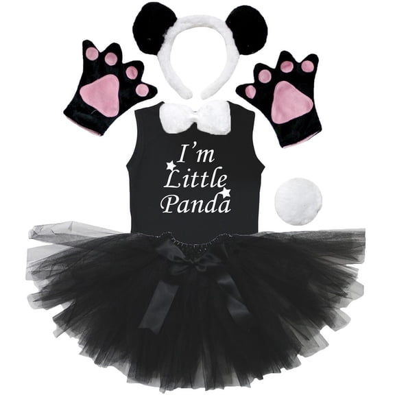 Petitebelle Panda Headband Bowtie Tail Gloves Tutu Shirt 6pc Costume (Black, 3-4 Years)