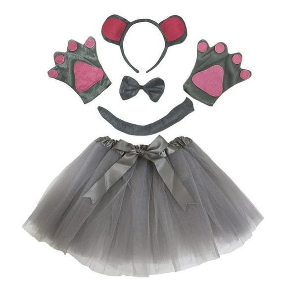 Petitebelle Raccoon Headband Bowtie Tail Gloves Tutu 5pc Costume (Gray, 5-10 Years)