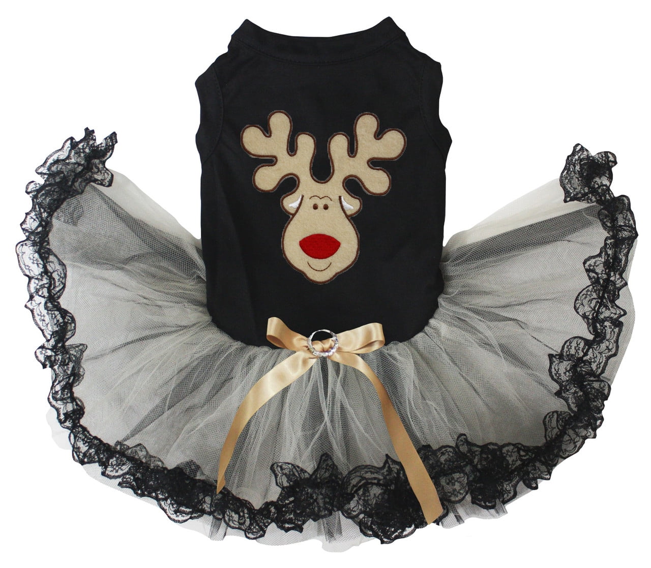 Petitebelle Reindeer Face Puppy Dog Dress (Black/Gold Black Lace, Small)