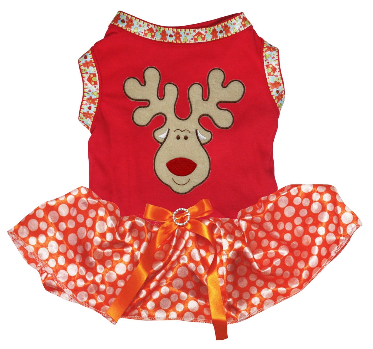 Petitebelle Reindeer Face Puppy Dog Dress (Orange/Dots, Medium)
