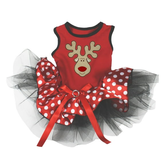 Petitebelle Reindeer Face Puppy Dog Dress (Red/Polka Dots, Small)