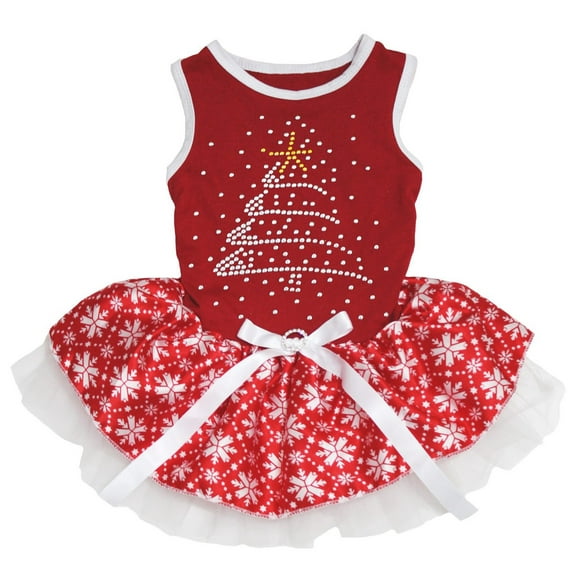 Petitebelle Rhinestone Christmas Tree Puppy Dog Dress (Red/Red Snowflakes, Large)