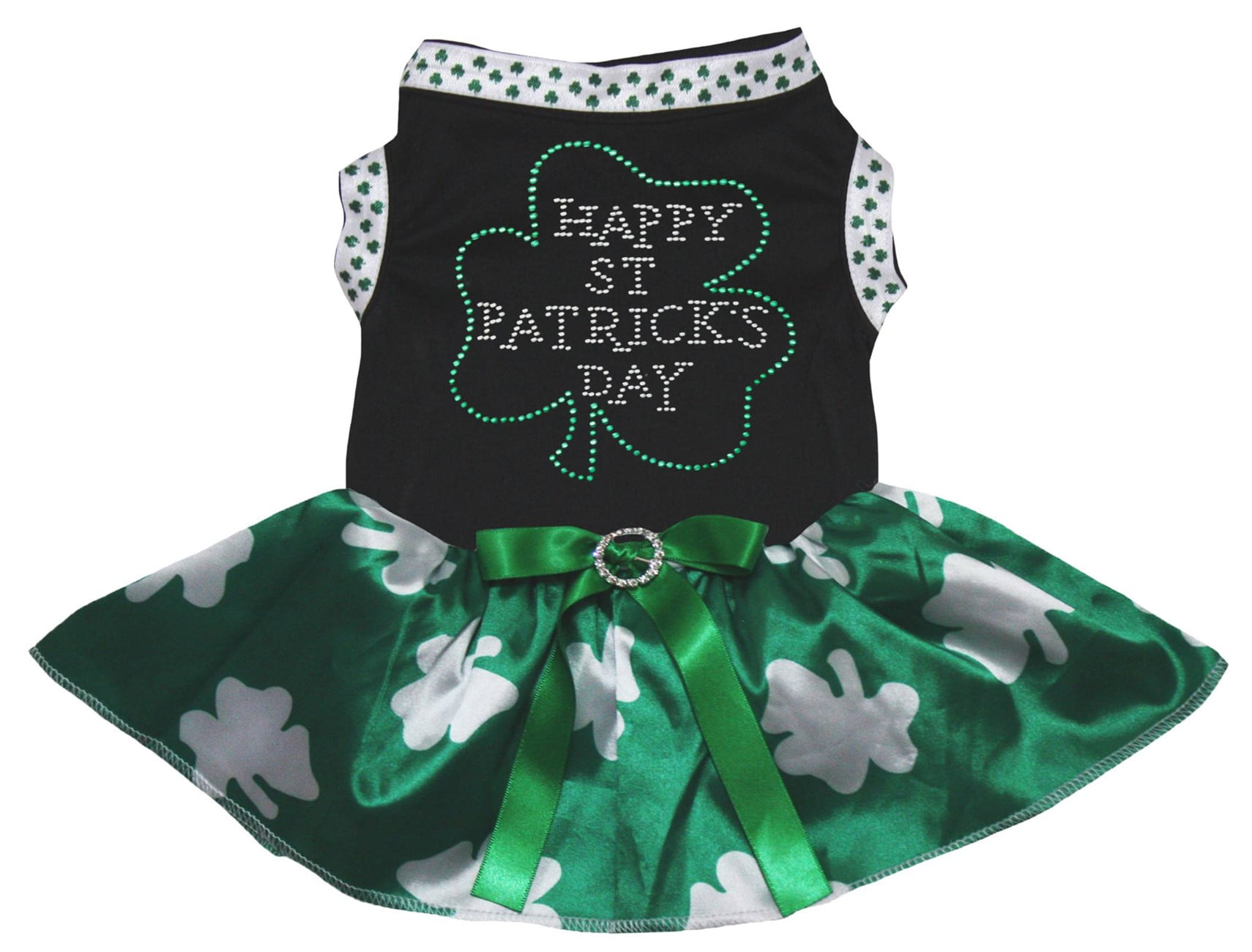 Petitebelle Rhinestone Happy St Patrick's Day Puppy Dog Dress (Black/Green Clovers, X-Large)