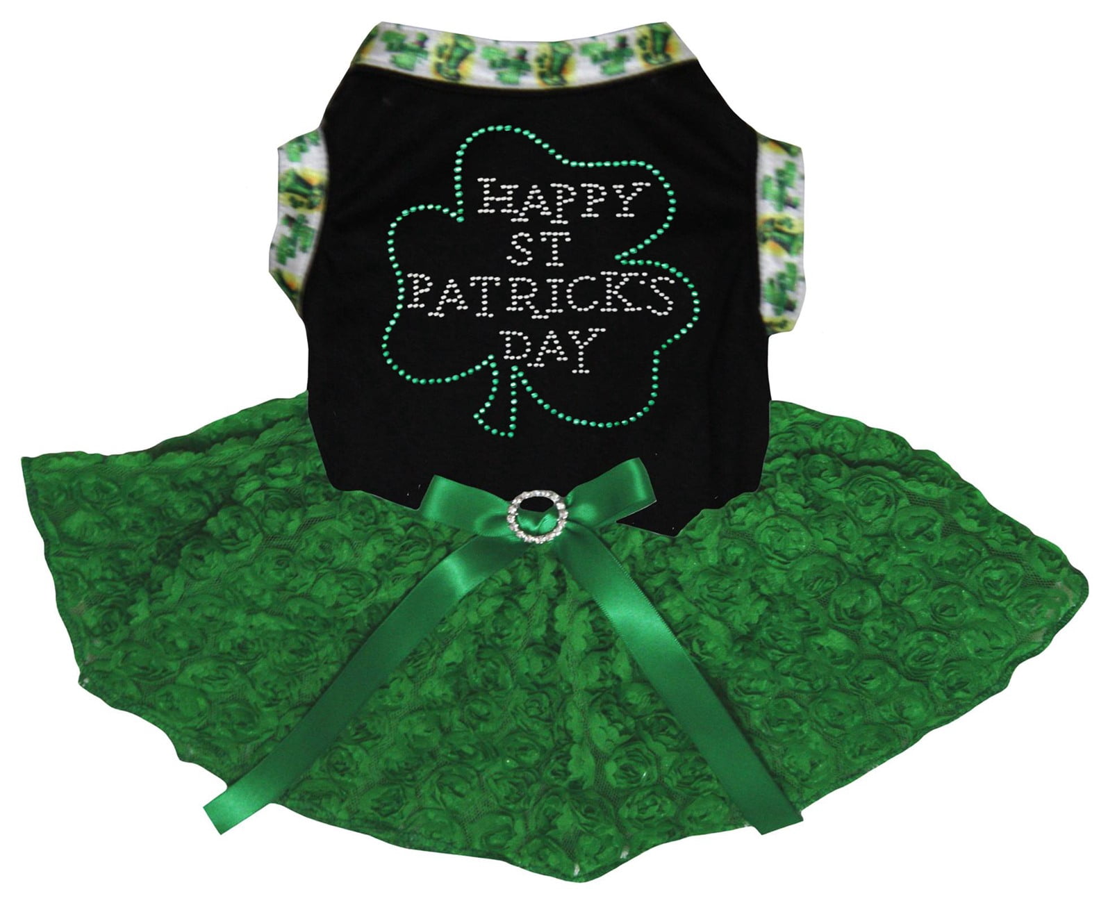 Petitebelle Rhinestone Happy St Patrick's Day Puppy Dog Dress (Black/Green Floral, XXX-Large)