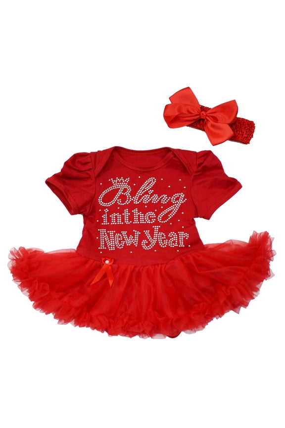 Petitebelle Rhinestones Bling in The New Year Baby Dress Nb-18m (Red/Red, 12-18 Months)