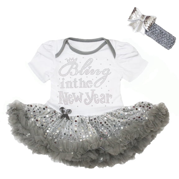 Petitebelle Rhinestones Bling in The New Year Baby Dress Nb-18m (White/Silver Sequins, 3-6 Months)