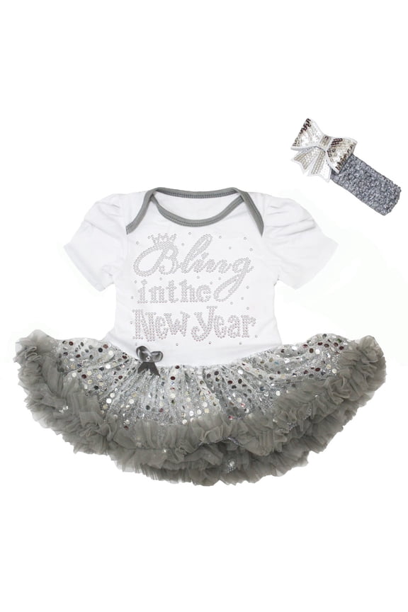 Petitebelle Rhinestones Bling in The New Year Baby Dress Nb-18m (White/Silver Sequins, 3-6 Months)