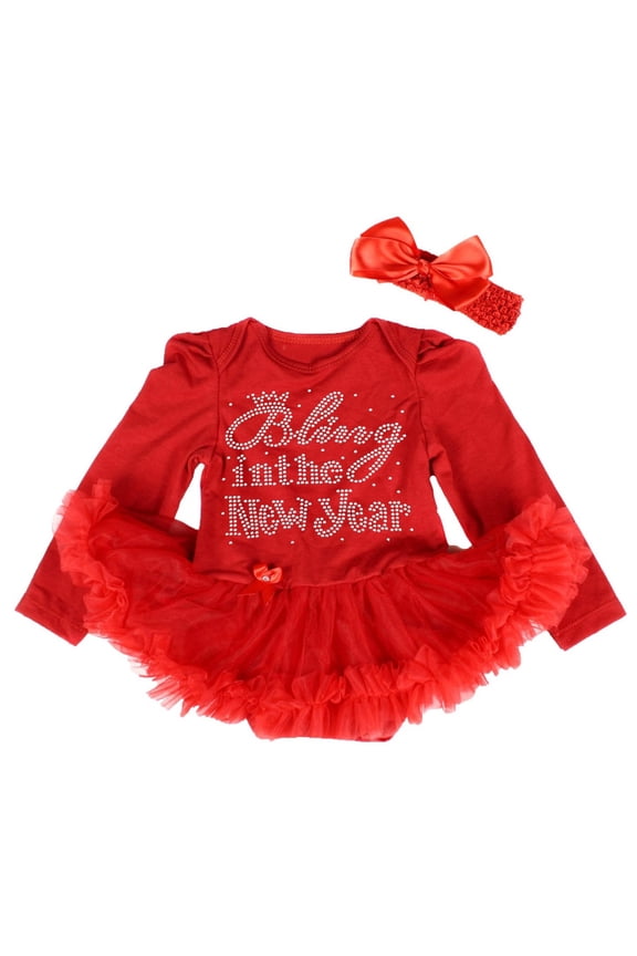 Petitebelle Rhinestones Bling in The New Year L/s Baby Dress Nb-18m (Red/Red, 3-6 Months)